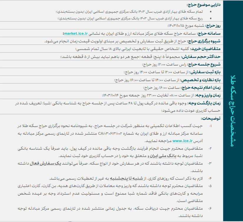 عرضه ربع سکه و تمام سکه ضرب سال ۱۴۰۳ در روز شنبه عرضه ربع سکه و تمام سکه ضرب سال ۱۴۰۳ در روز شنبه