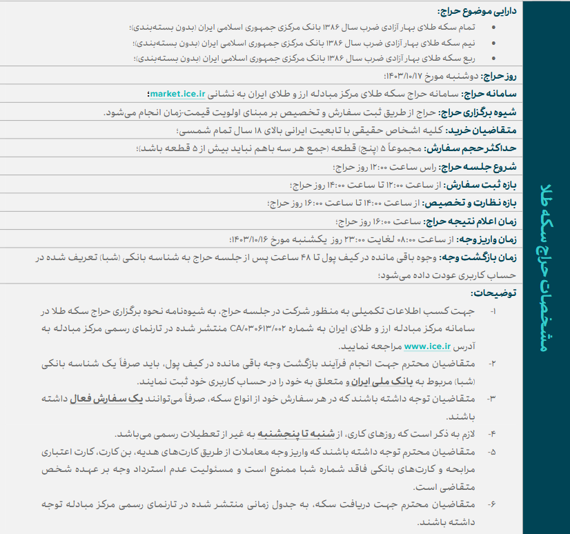 عرضه انواع سکه طلای ضرب ۱۳۸۶ در حراج روز دوشنبه عرضه انواع سکه طلای ضرب ۱۳۸۶ در حراج روز دوشنبه