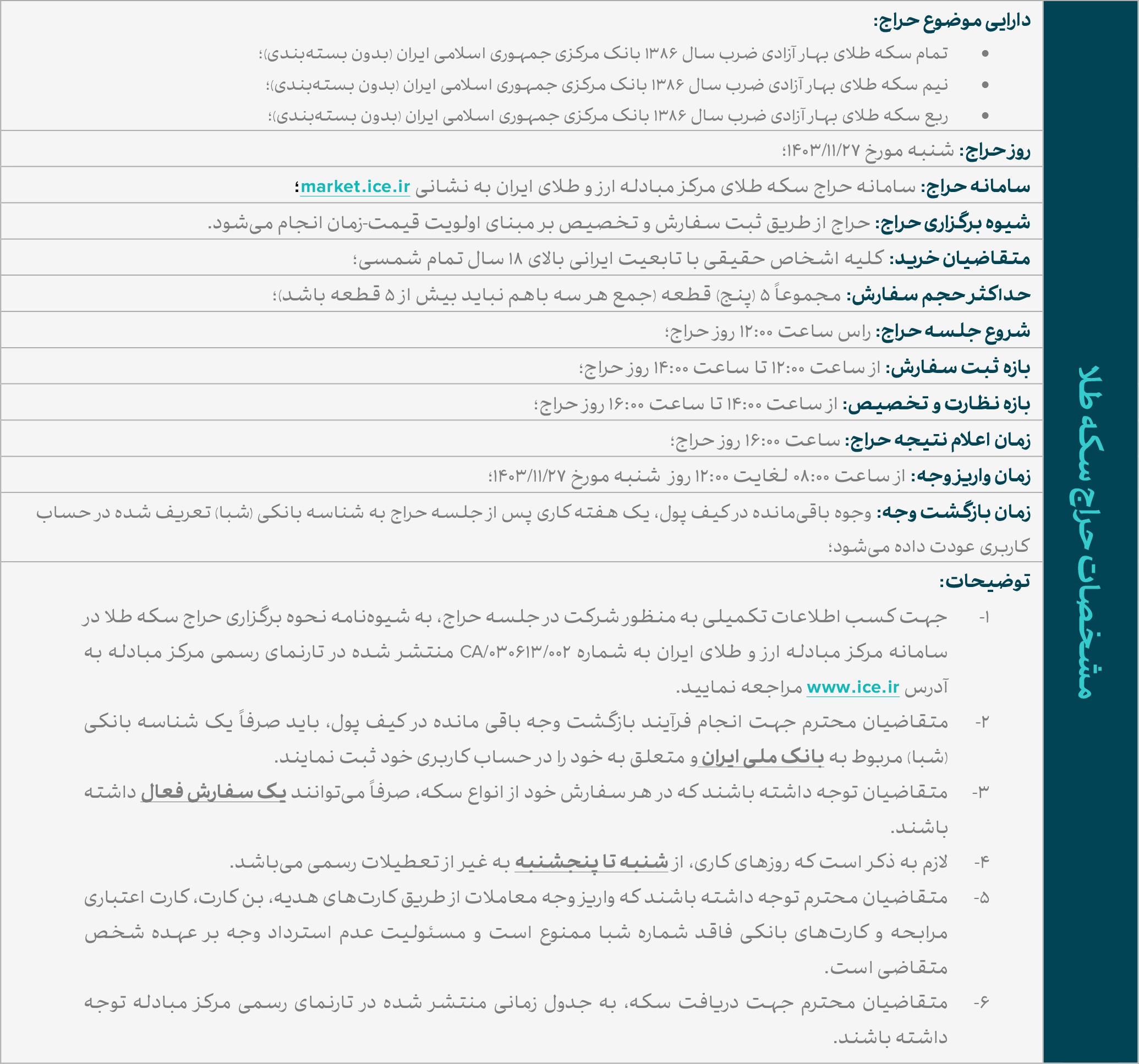 شنبه سکه ضرب ۱۳۸۶ عرضه میشود/ مهلت واریز وجه؛ ساعت ۸ الی ۱۲ روز شنبه شنبه سکه ضرب ۱۳۸۶ عرضه میشود/ مهلت واریز وجه؛ ساعت ۸ الی ۱۲ روز شنبه