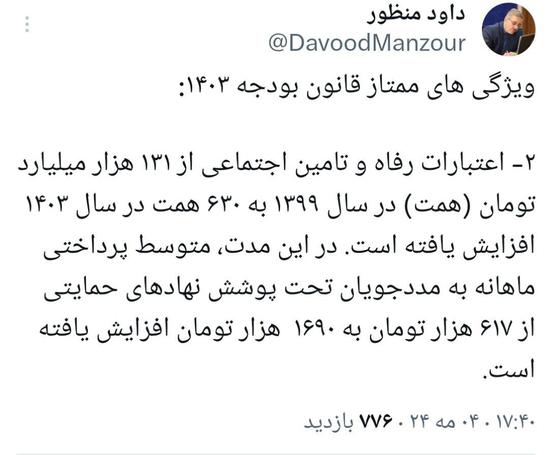 رشد ۳۸۰ درصدی اعتبارات رفاه و تامین اجتماعی در دولت سیزدهم رشد ۳۸۰ درصدی اعتبارات رفاه و تامین اجتماعی در دولت سیزدهم