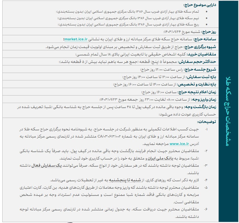 انواع سکه طلای ضرب ۱۳۸۶ در حراج شنبه عرضه میشود/ واریز وجه؛ ساعت ۸ تا ۲۳ روز جمعه انواع سکه طلای ضرب ۱۳۸۶ در حراج شنبه عرضه میشود/ واریز وجه؛ ساعت ۸ تا ۲۳ روز جمعه