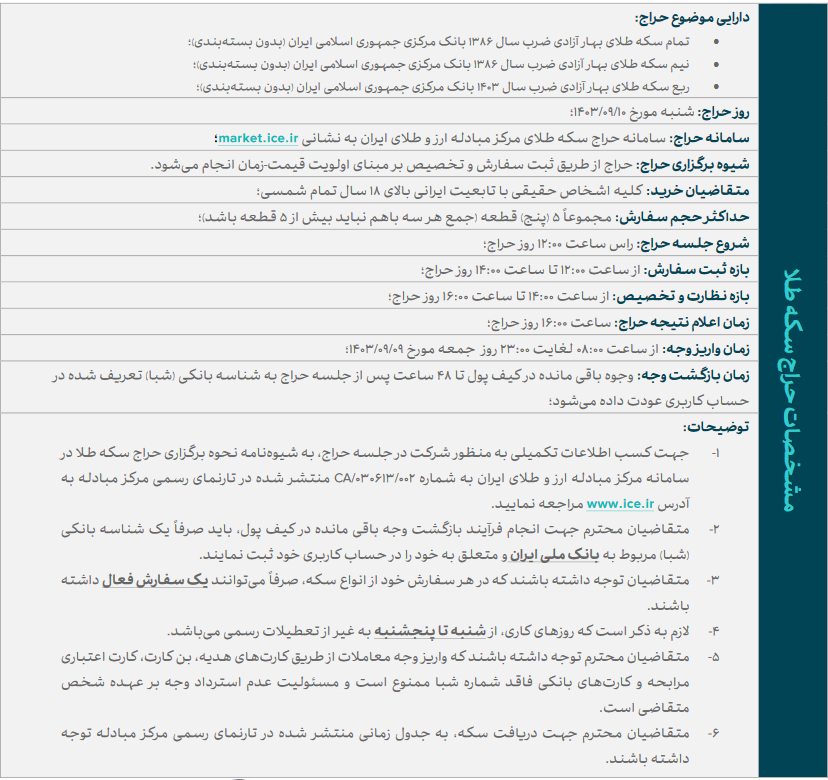 چهل و یکمین حراج سکه طلا ۱۰ آذرماه برگزار میشود/واریز وجه؛ ساعت ۸ تا ۲۳ جمعه چهل و یکمین حراج سکه طلا ۱۰ آذرماه برگزار میشود/واریز وجه؛ ساعت ۸ تا ۲۳ جمعه