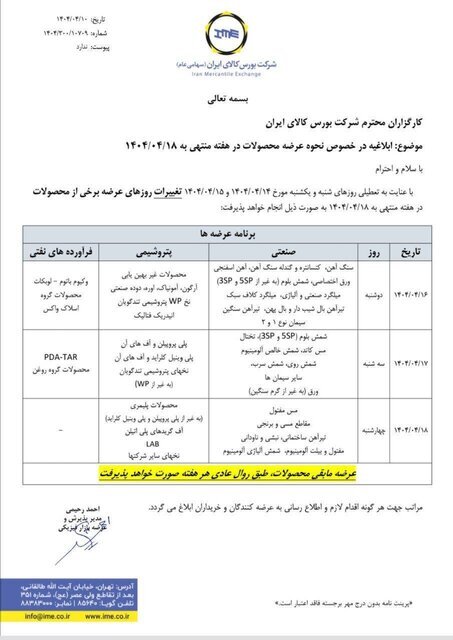 نحوه عرضه محصولات در بورس کالا طی هفته آینده نحوه عرضه محصولات در بورس کالا طی هفته آینده